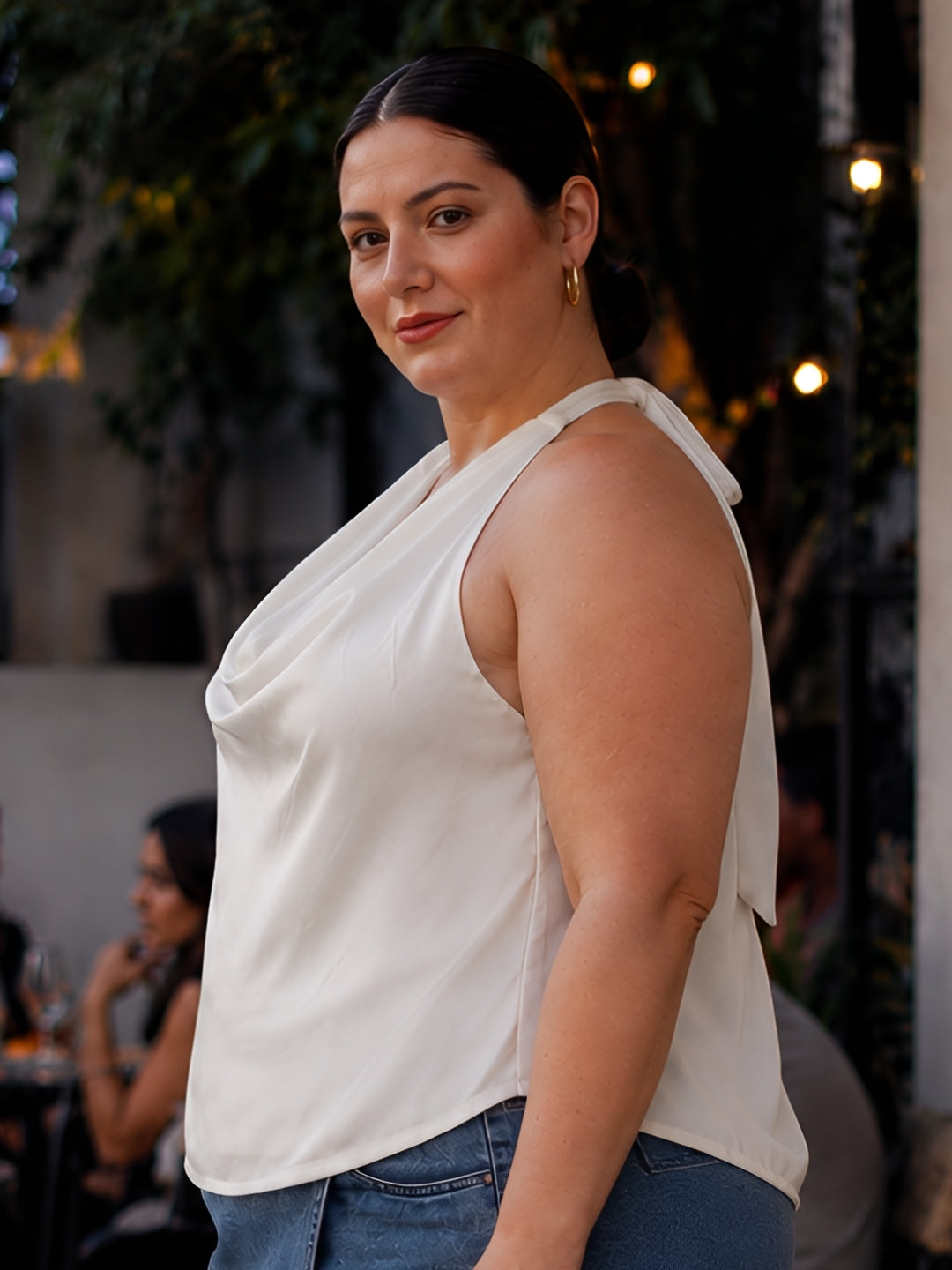 Off White Solid Sleeveless Cowl Neck Straight Top