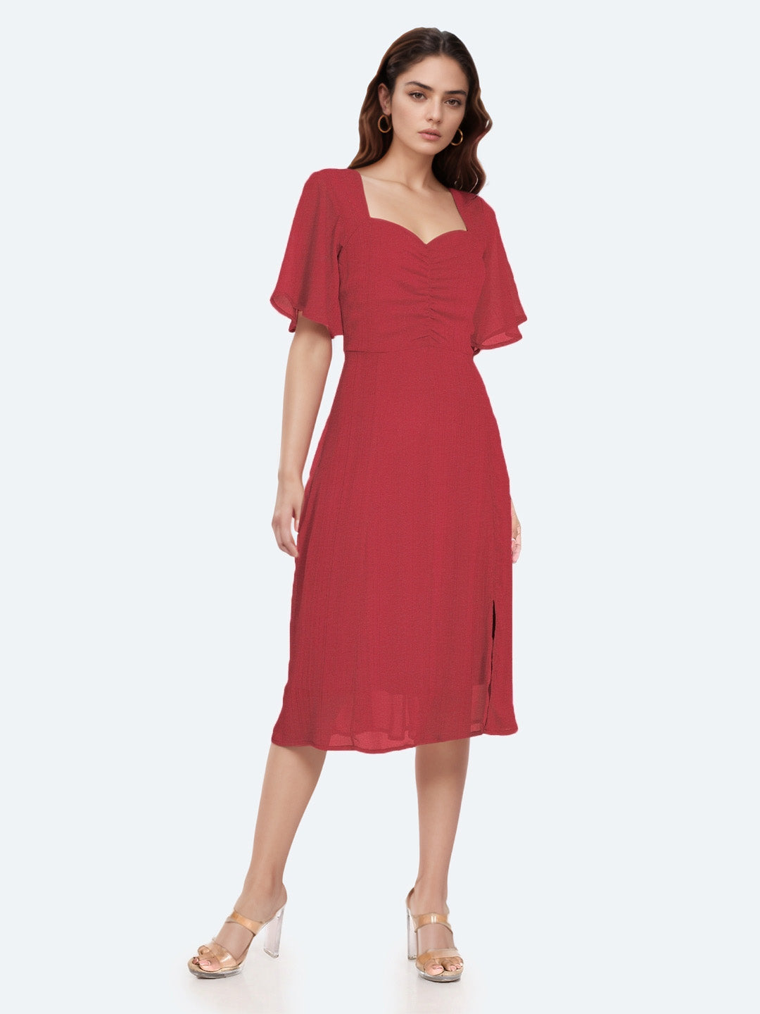 Crimson Red Solid Short Sleeves Midi Dress