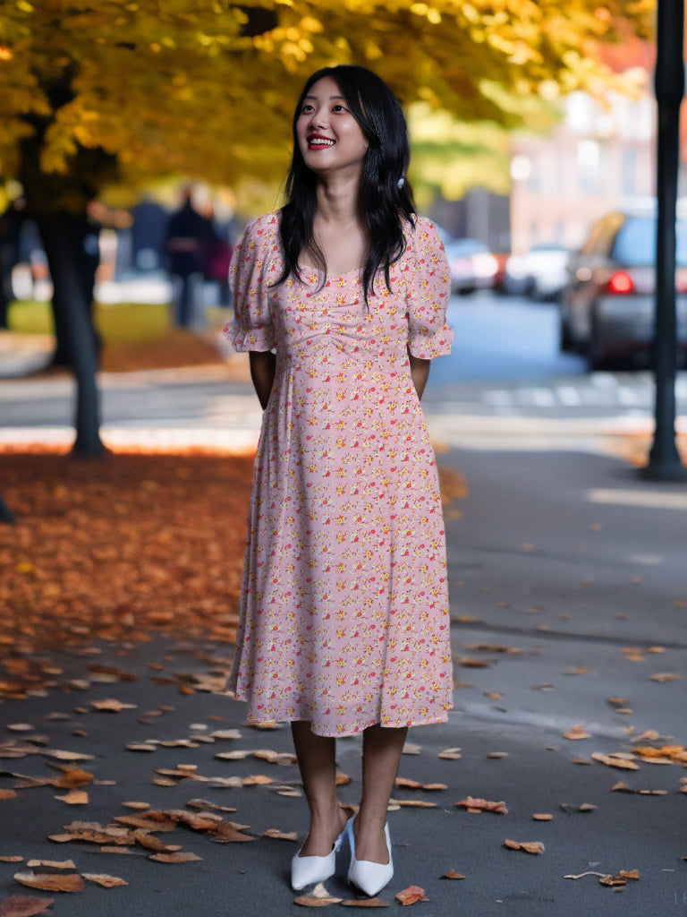 Pink Floral Print A-Line Midi Dress
