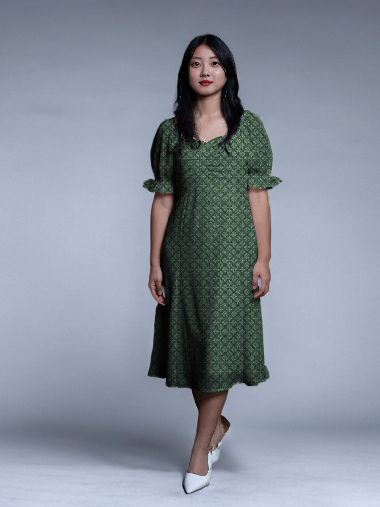 Green Floral Print A-Line Midi Dress