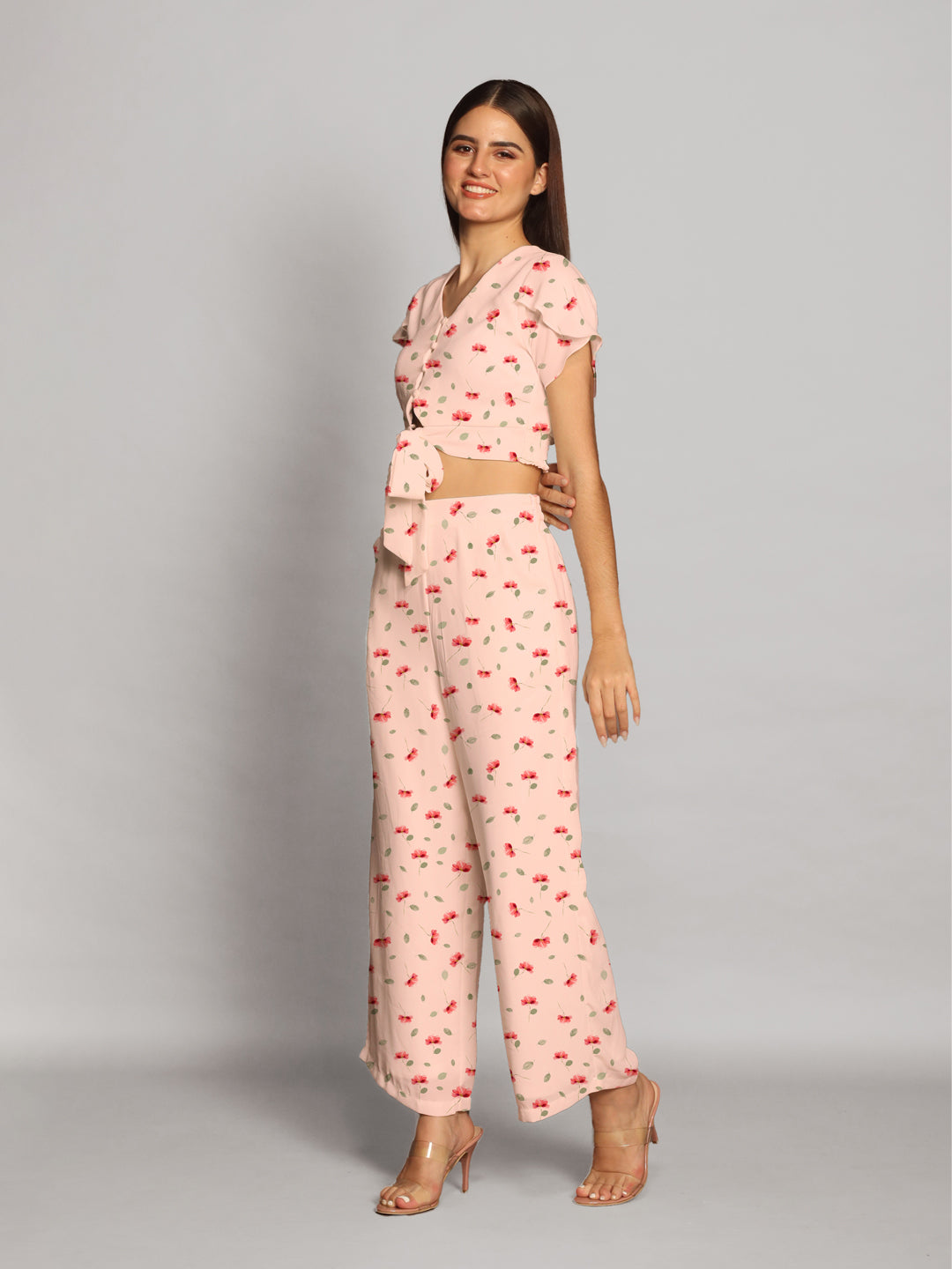 Floral Print Baby Pink Cropped Co-Ord Set