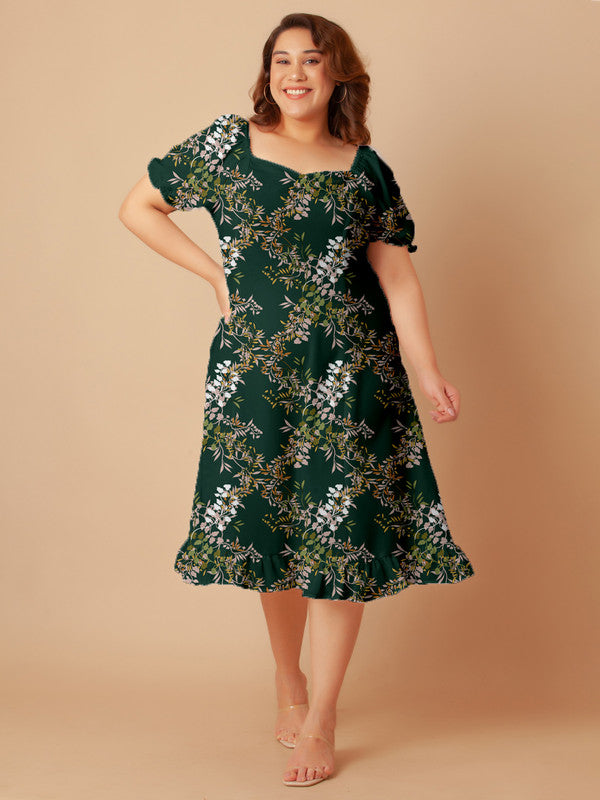 Buy Dark Green Tropical Print A-Line Midi Dress
