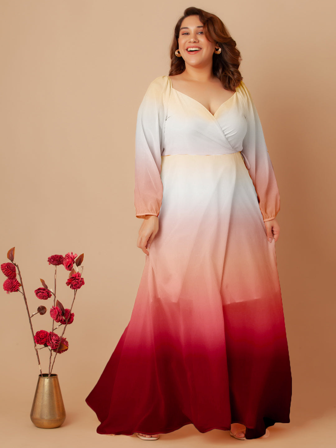 Buy Beige & Red Colourblock Wrap Maxi Dress