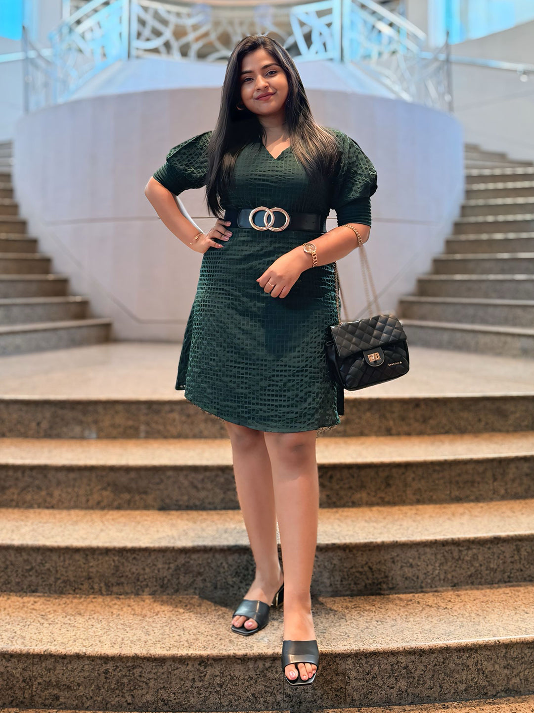 Buy Green Checks A-Line Short Dress