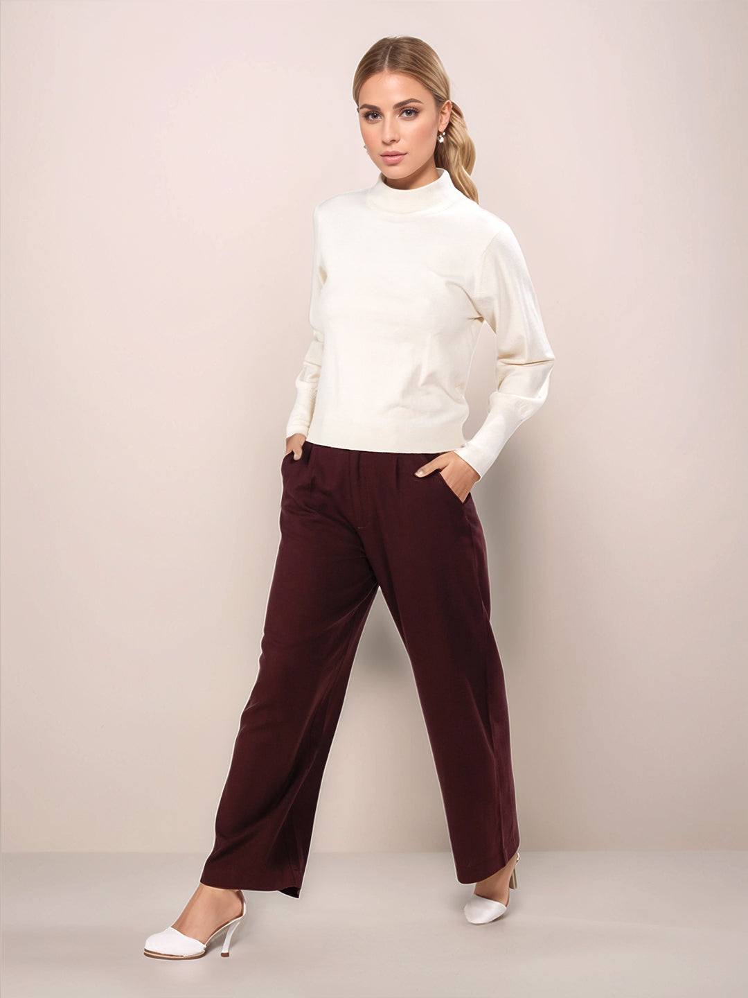 Off White Solid Slip-On Sweater