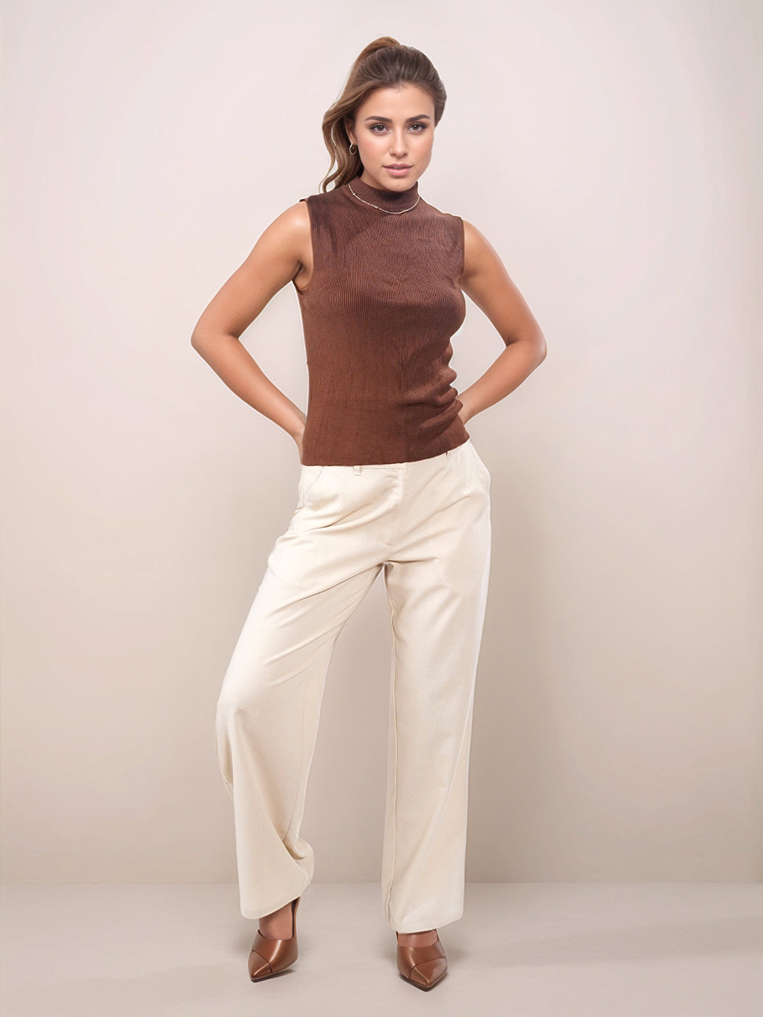 Brown Solid Slip-On Sweater Top