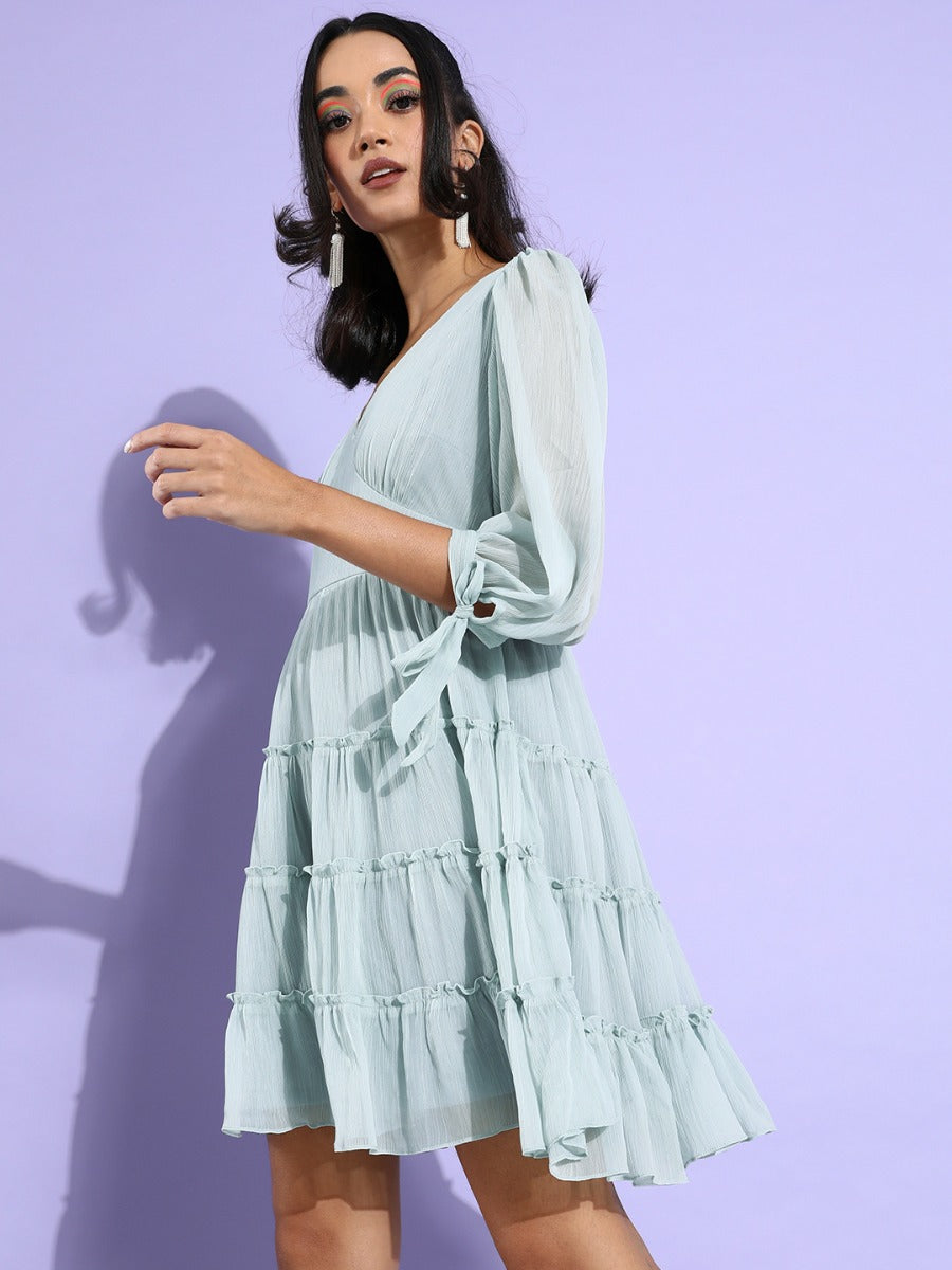 Blue Solid Tiered Short Dress