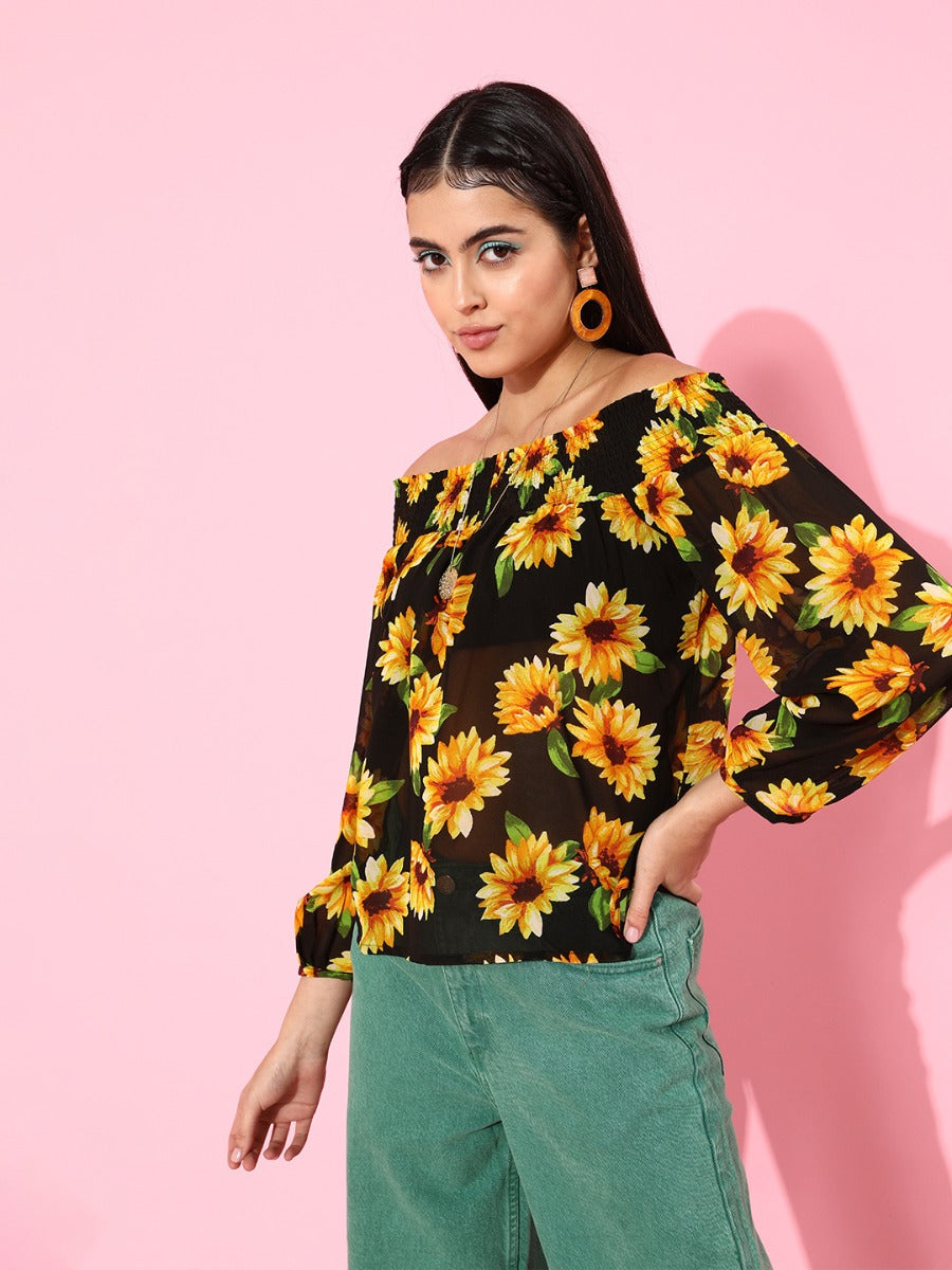 Black Floral Print Top