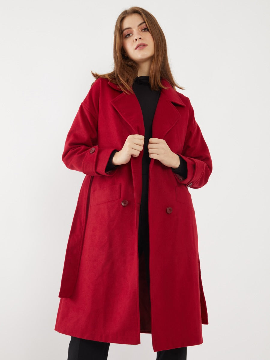 Red Solid Trench Coat