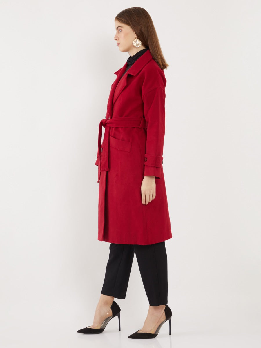Red Solid Trench Coat