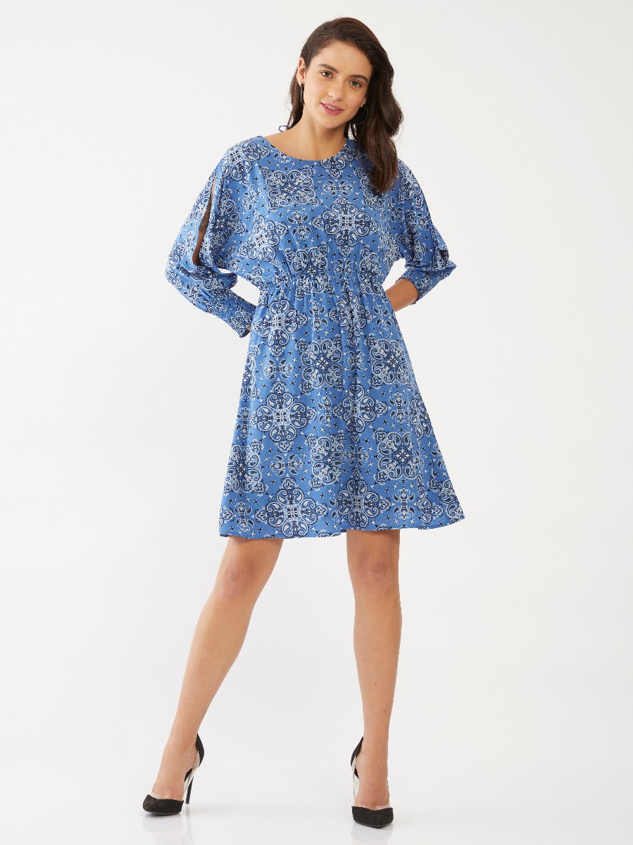 Blue Ethnic Motif Gathered Short Dress