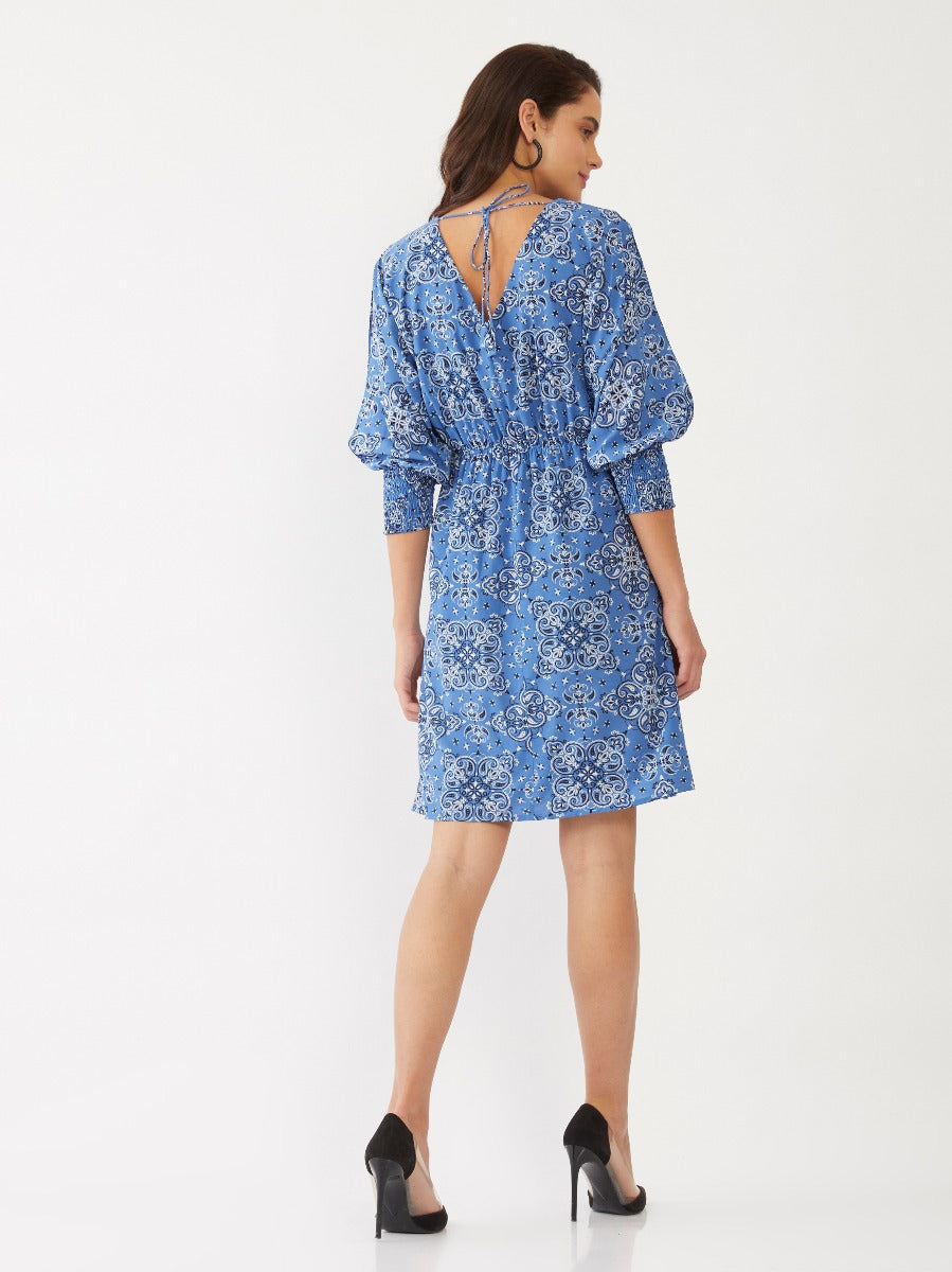 Blue Ethnic Motif Gathered Short Dress
