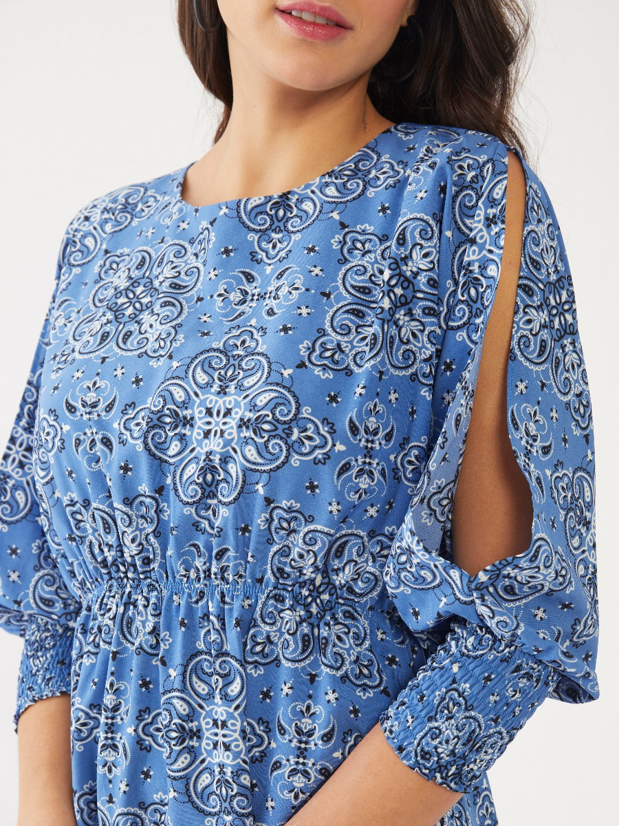 Blue Ethnic Motif Gathered Short Dress