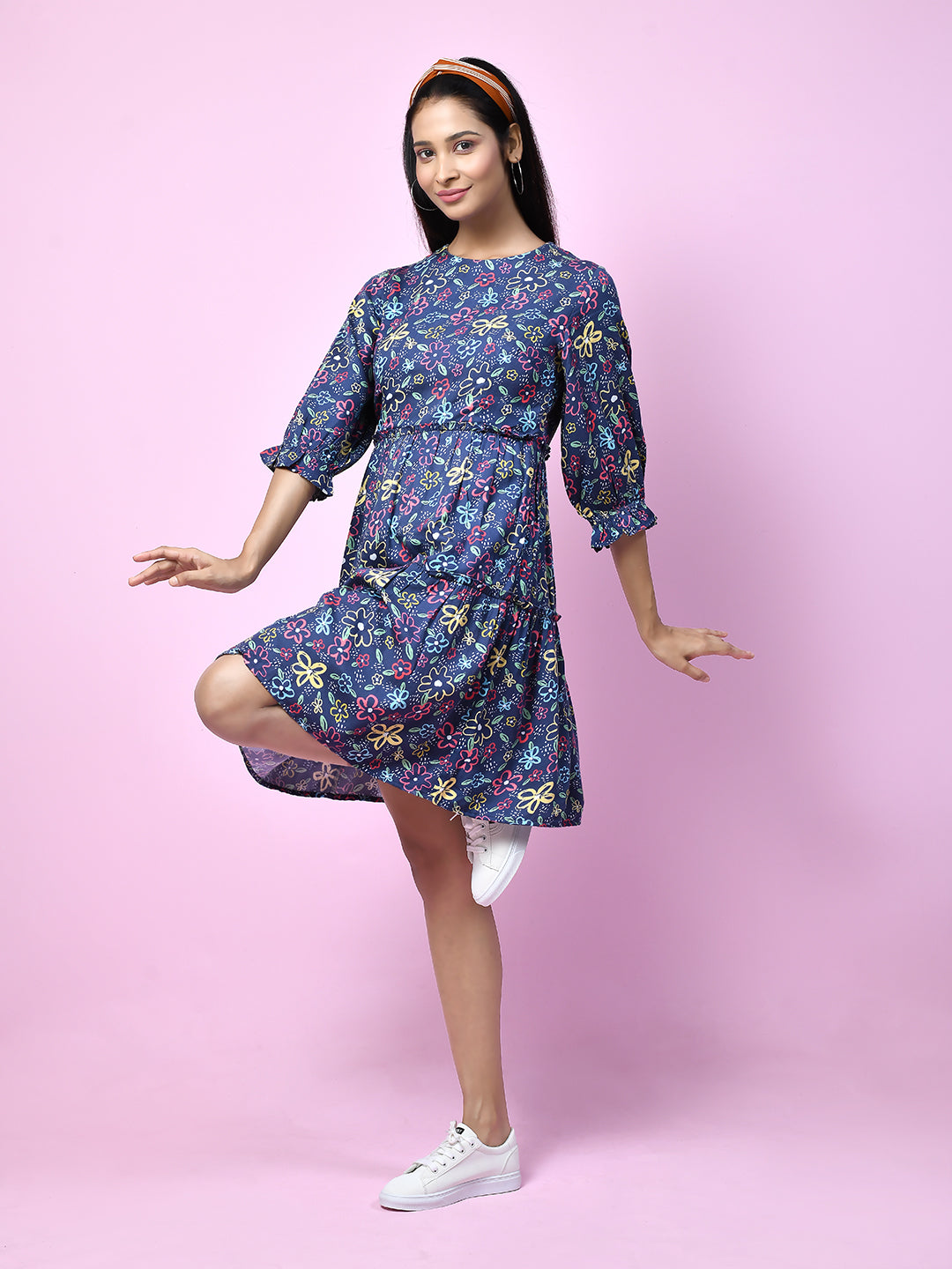 Blue_Quirky_Printed_Gathered_Short_Dress_for_Women_D06001_1
