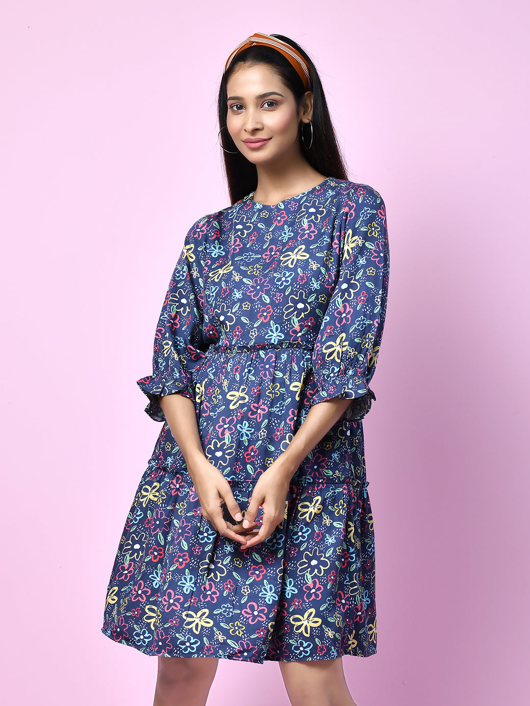 Blue_Quirky_Printed_Gathered_Short_Dress_for_Women_D06001_2