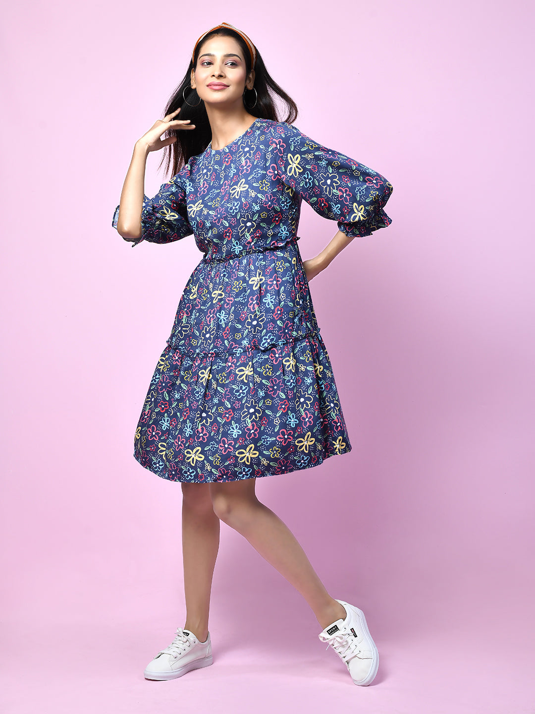 Blue_Quirky_Printed_Gathered_Short_Dress_for_Women_D06001_5