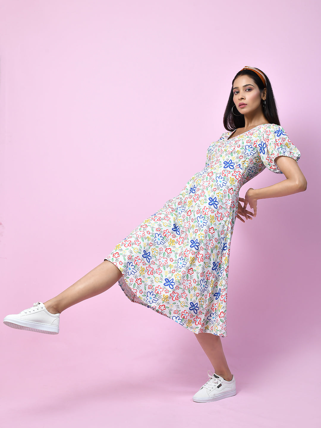 knee length dresses for ladies Buy White Quirky Printed Regular Midi Dress for Women