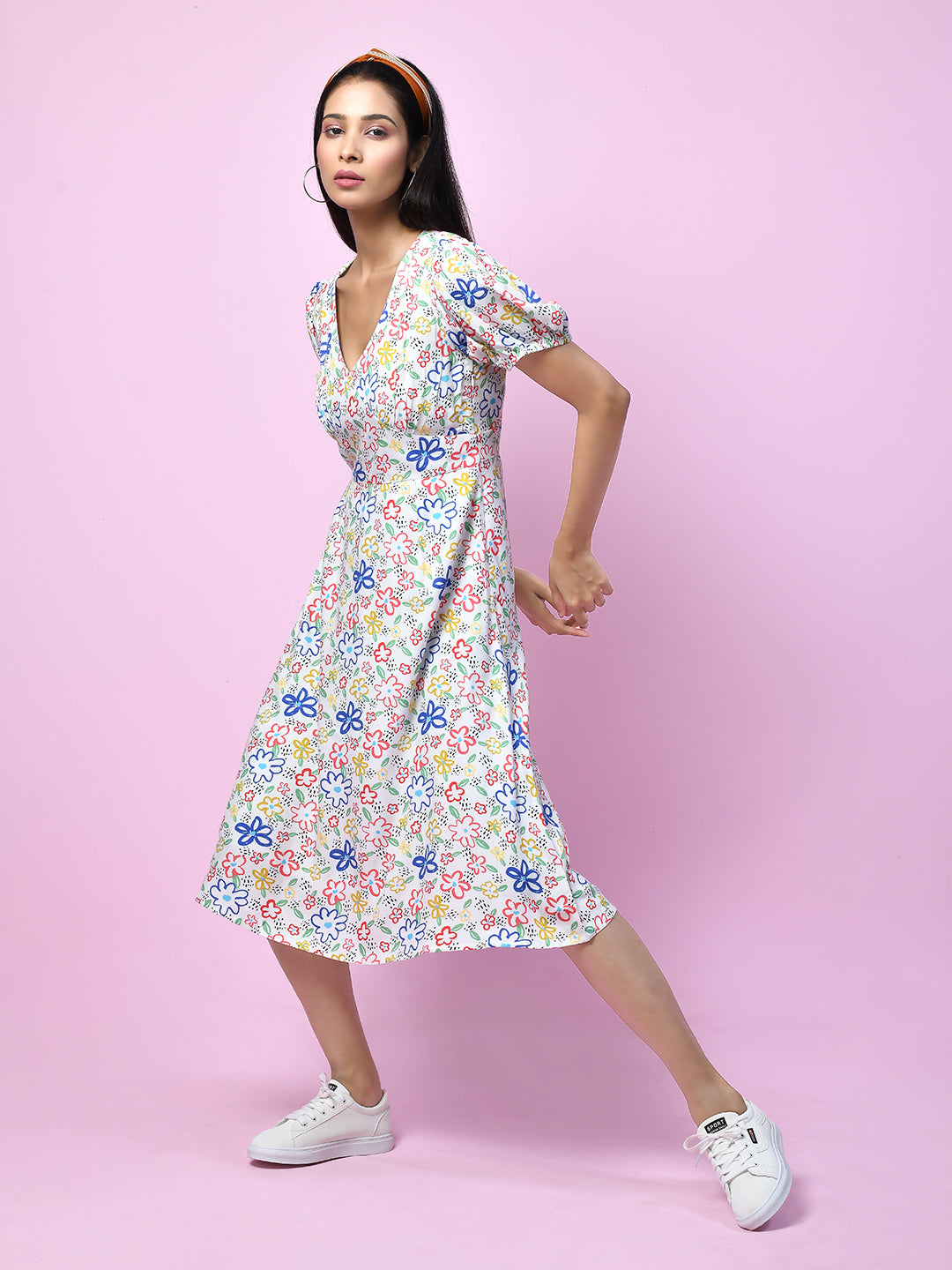 Zink London Women's White Quirky Prints A-Line Midi Dress - D06005 - 3