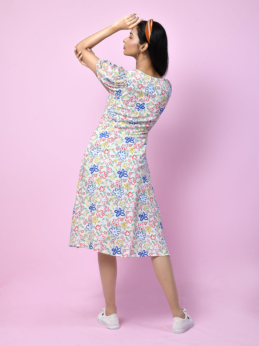 Zink London Women's White Quirky Prints A-Line Midi Dress - D06005 - 4