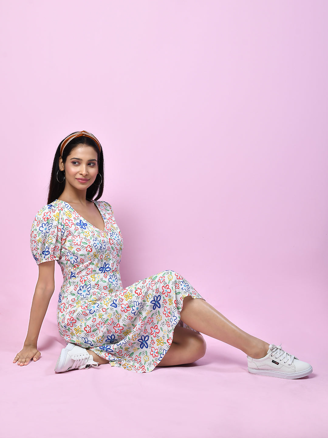 Zink London Women's White Quirky Prints A-Line Midi Dress - D06005 - 5