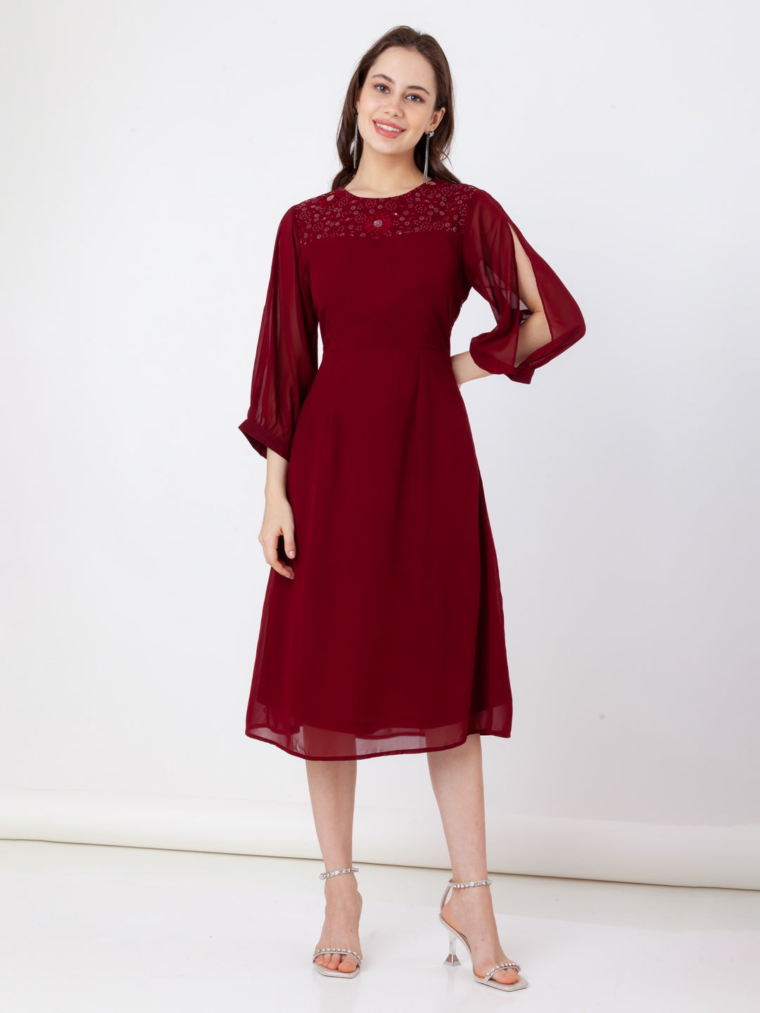Maroon_Embroidered_A-Line_Midi_Dress_5