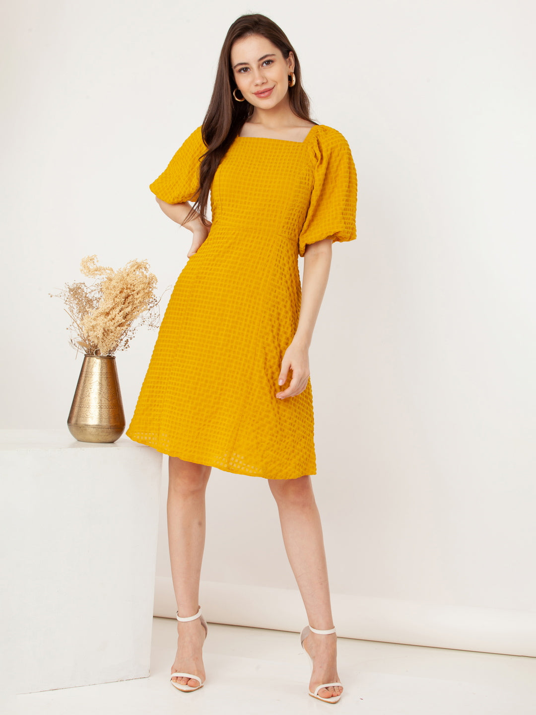 Yellow_Self_Design_Flared_Short_Dress_1