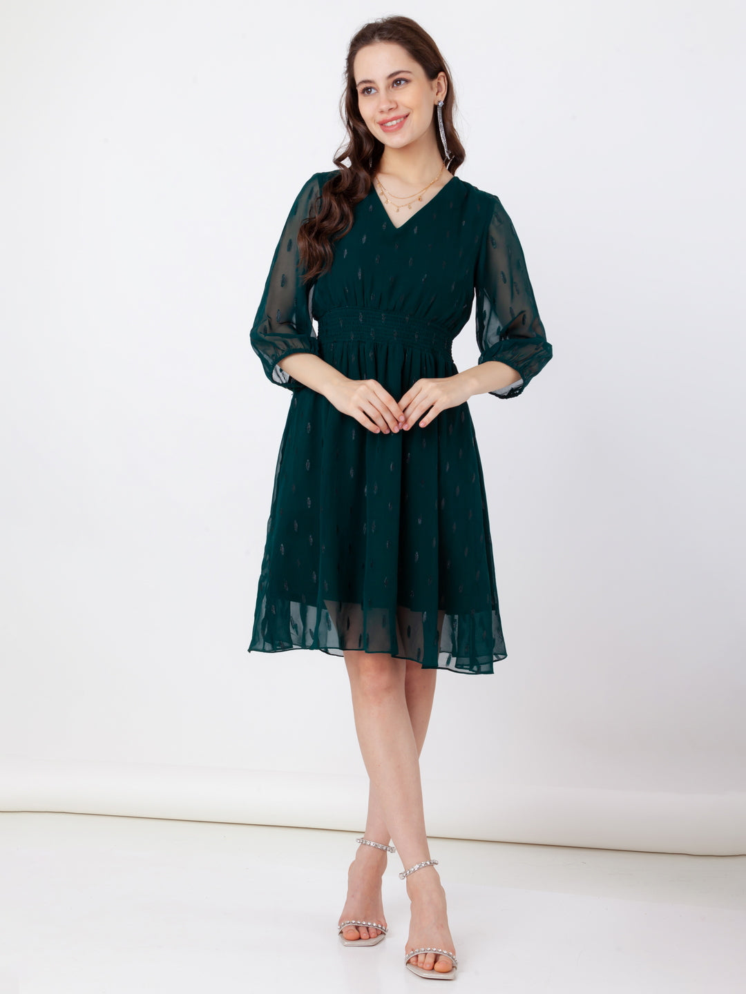 Green_Self_Design_Flared_Short_Dress_5