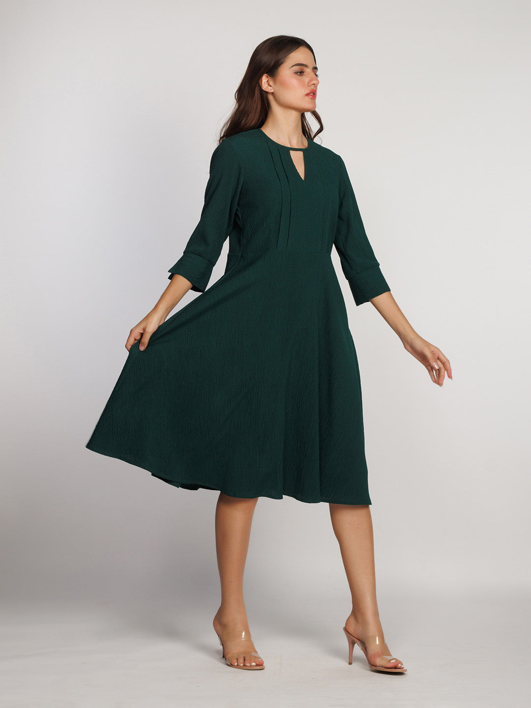 Buy Dark Green Solid A-Line Midi Dress