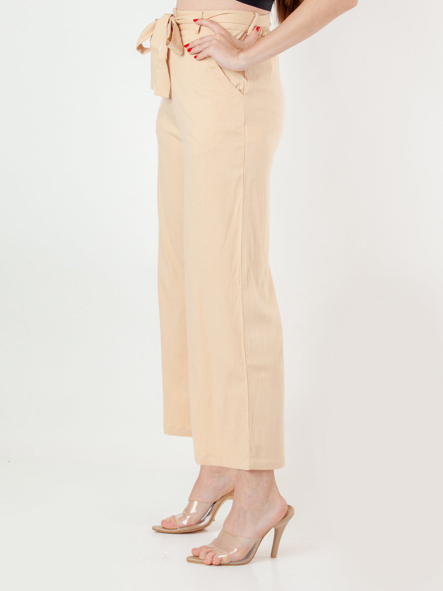 Beige Solid Trousers For Women – Zink London