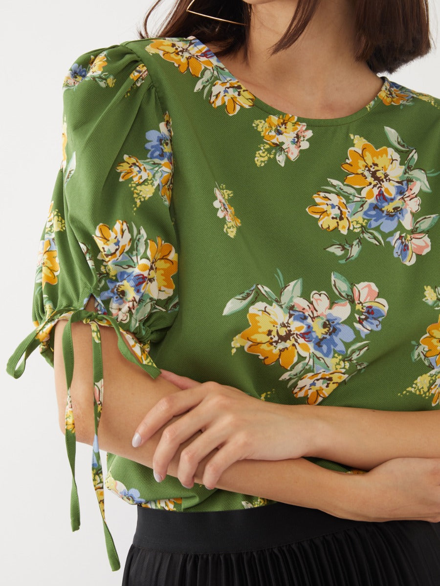 Green Printed Puff Sleeve Top