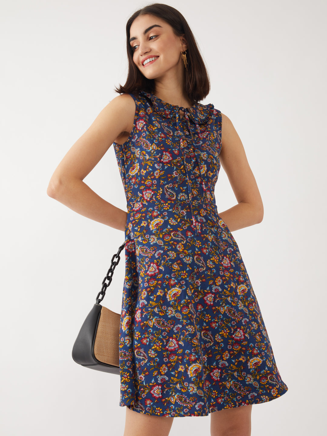 Navy-Blue-Bohemian-Printed-Tie-Up-Short-Dress-VD01853-1