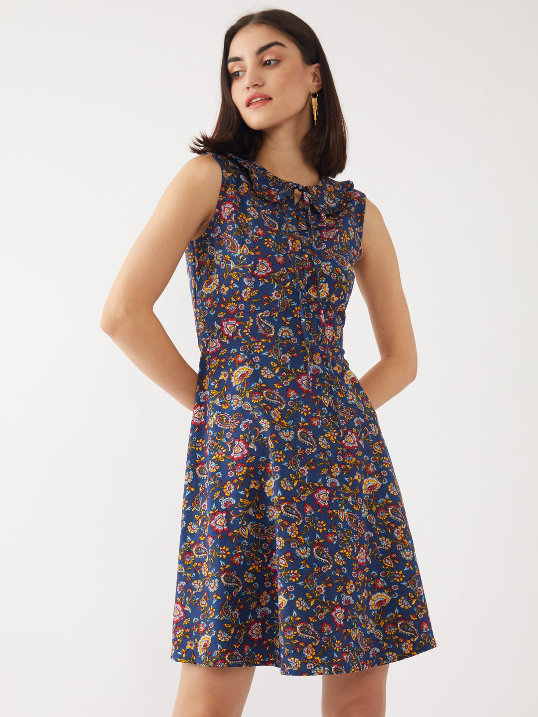 Navy-Blue-Bohemian-Printed-Tie-Up-Short-Dress-VD01853-2