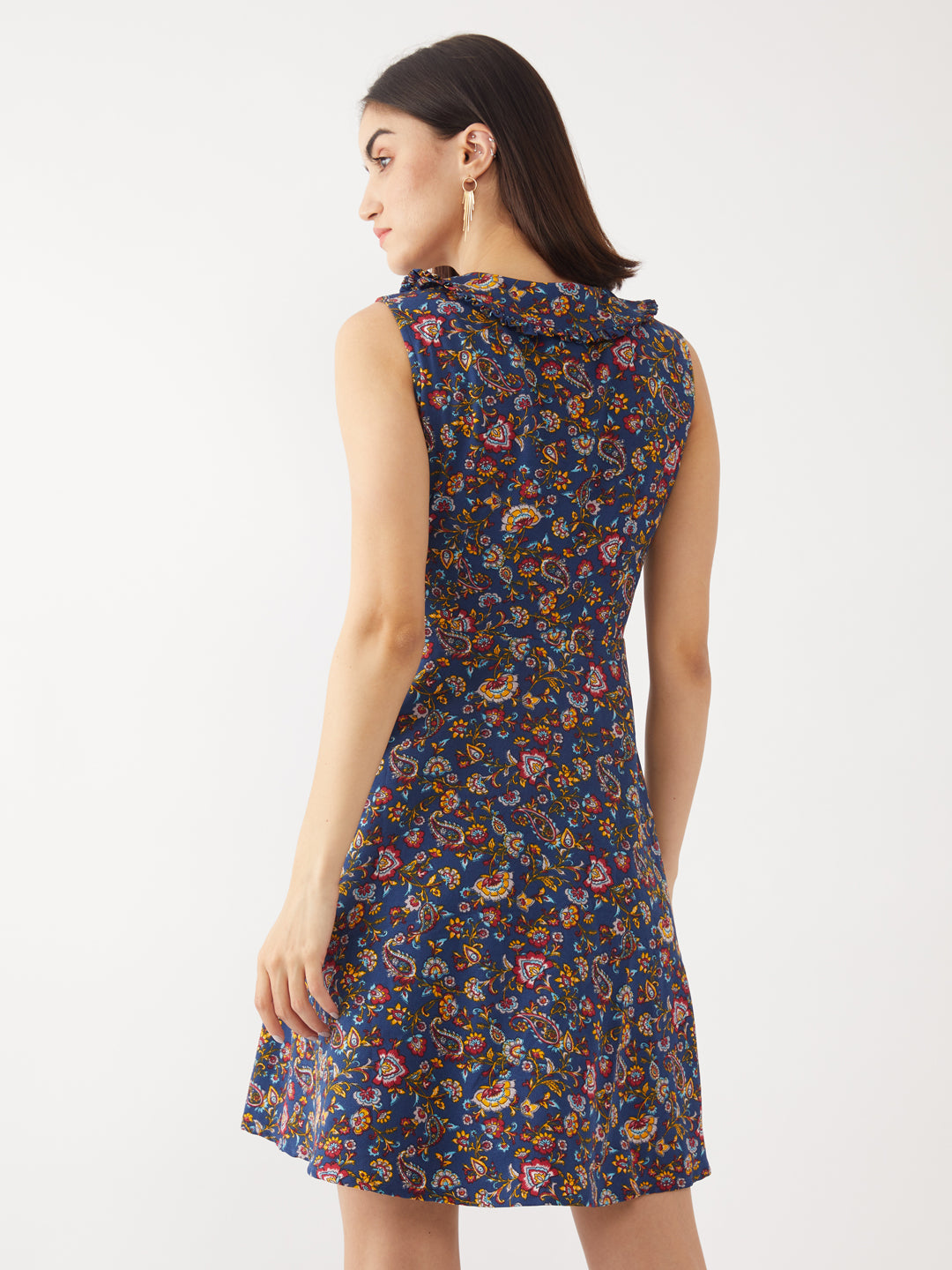 Navy-Blue-Bohemian-Printed-Tie-Up-Short-Dress-VD01853-4