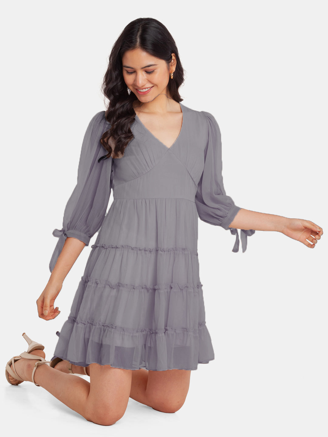 Grey Solid Fit and Flare Short Dress