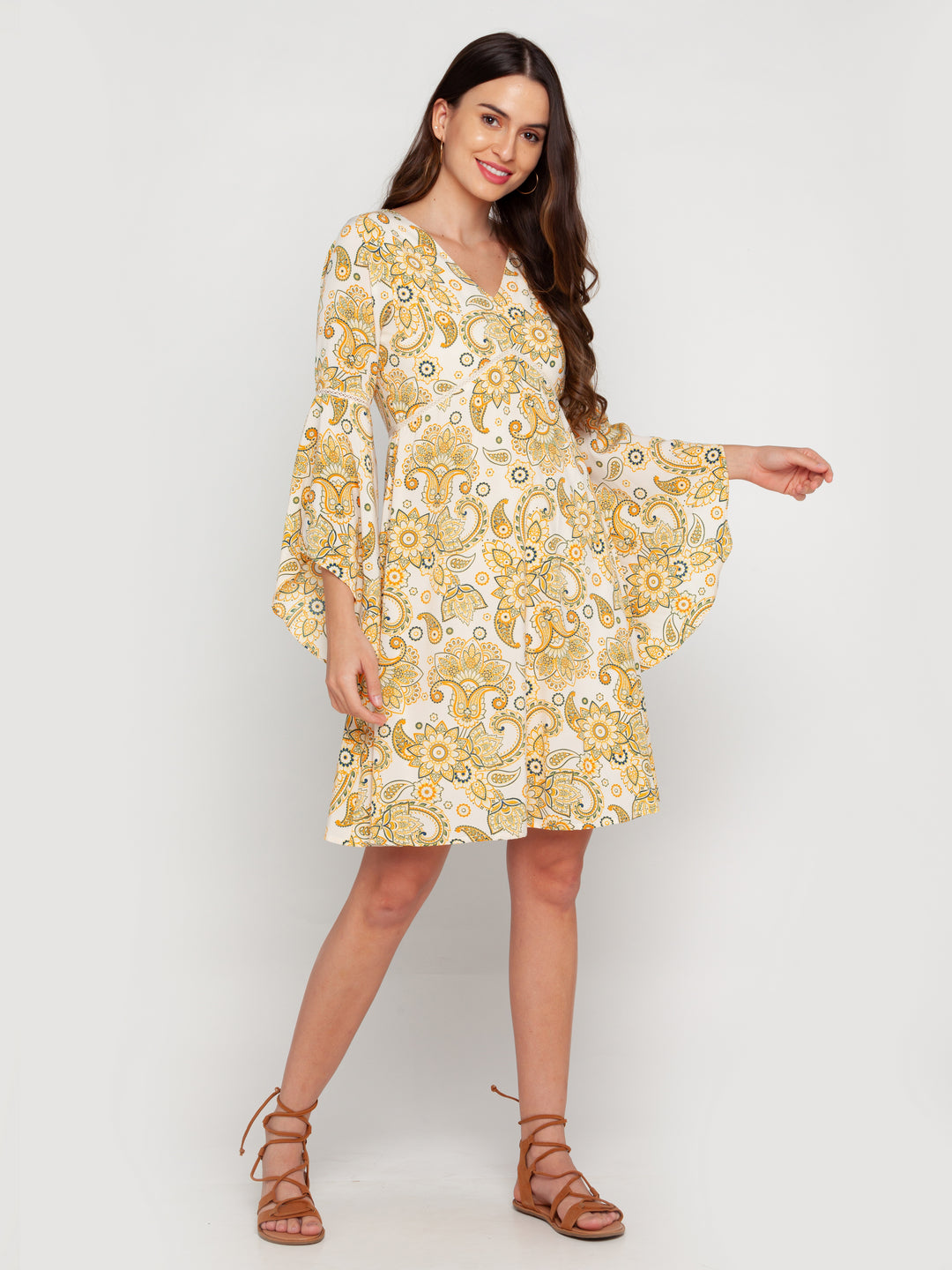 White-Ornamental-Printed-Flared-Sleeve-Short-Dress-VD02166-1