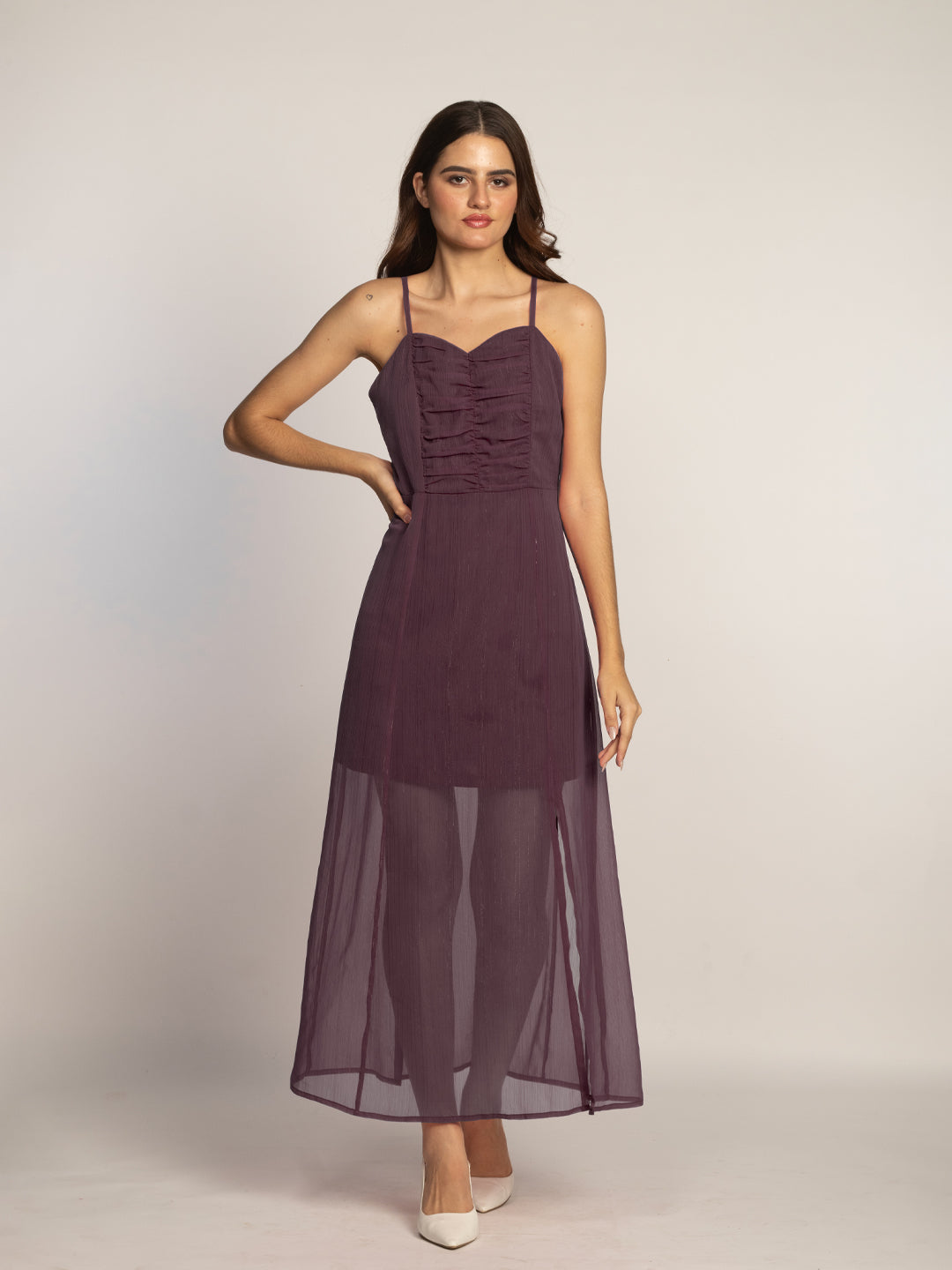 Wine Solid Fit & Flared Maxi Dress-VD08038_115-Wine-2