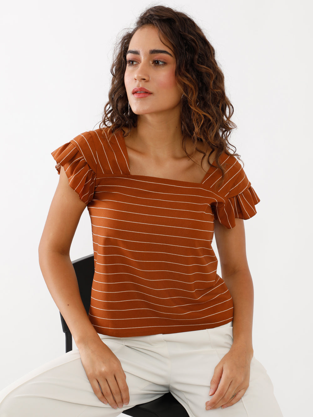 Brown-Striped-Ruffled-Top-VT02353-1