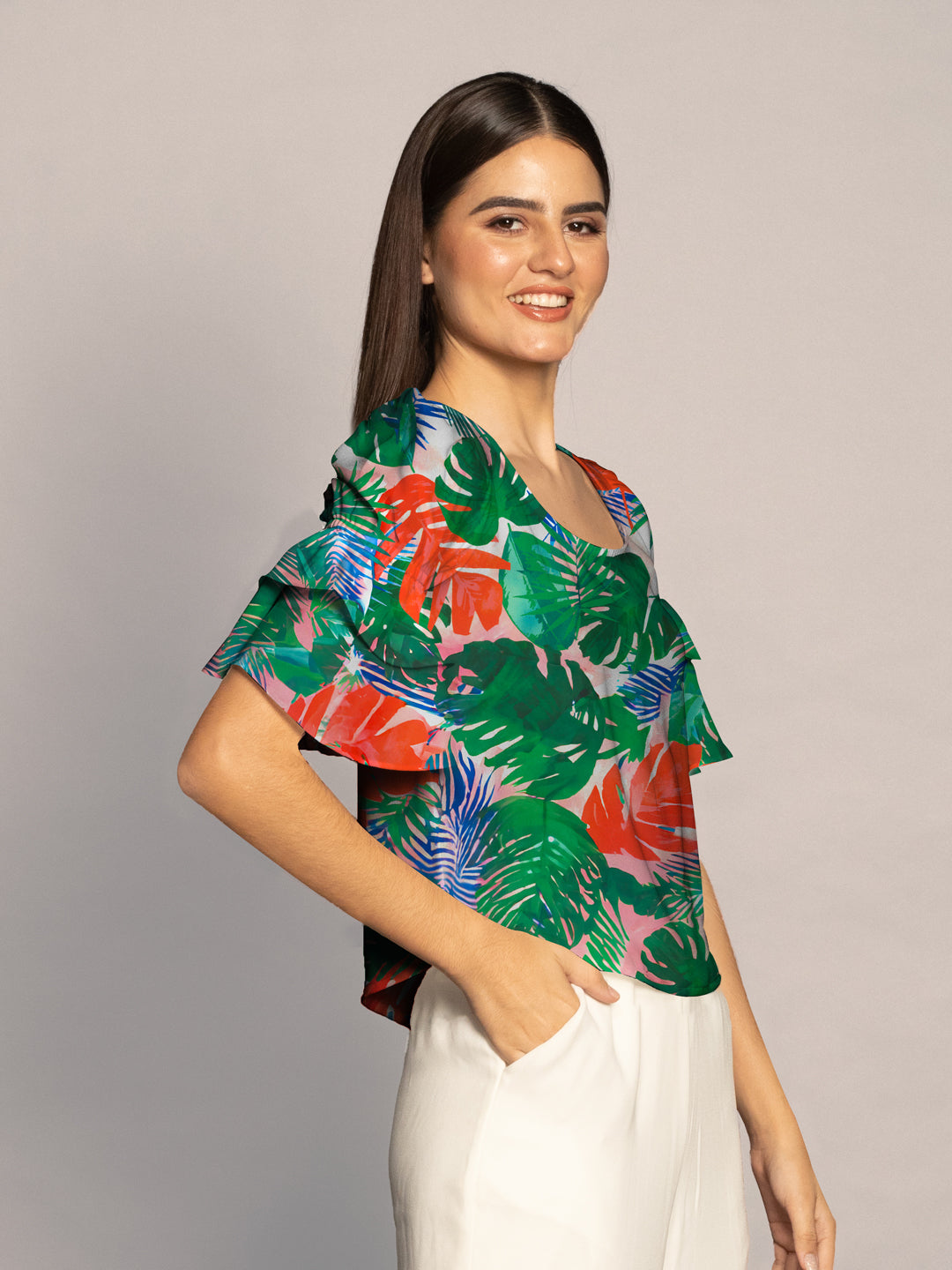 Multi Tropical Print Ruffled Sleeves Top-VT02608_114-Multi-3