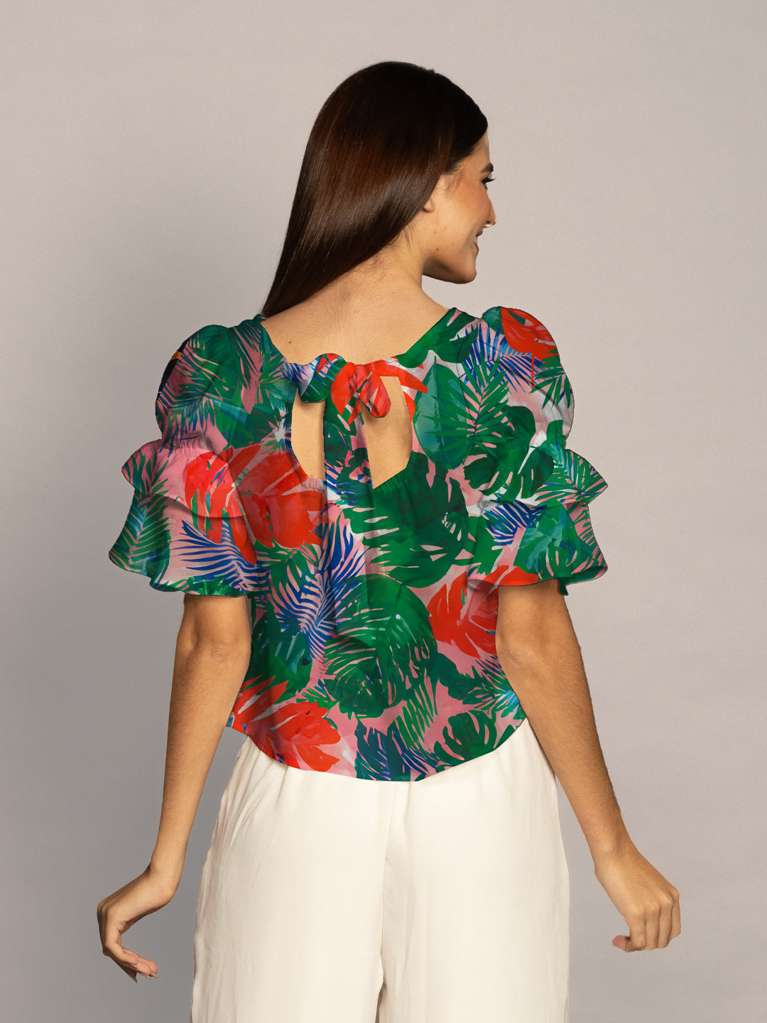 Multi Tropical Print Ruffled Sleeves Top-VT02608_114-Multi-4