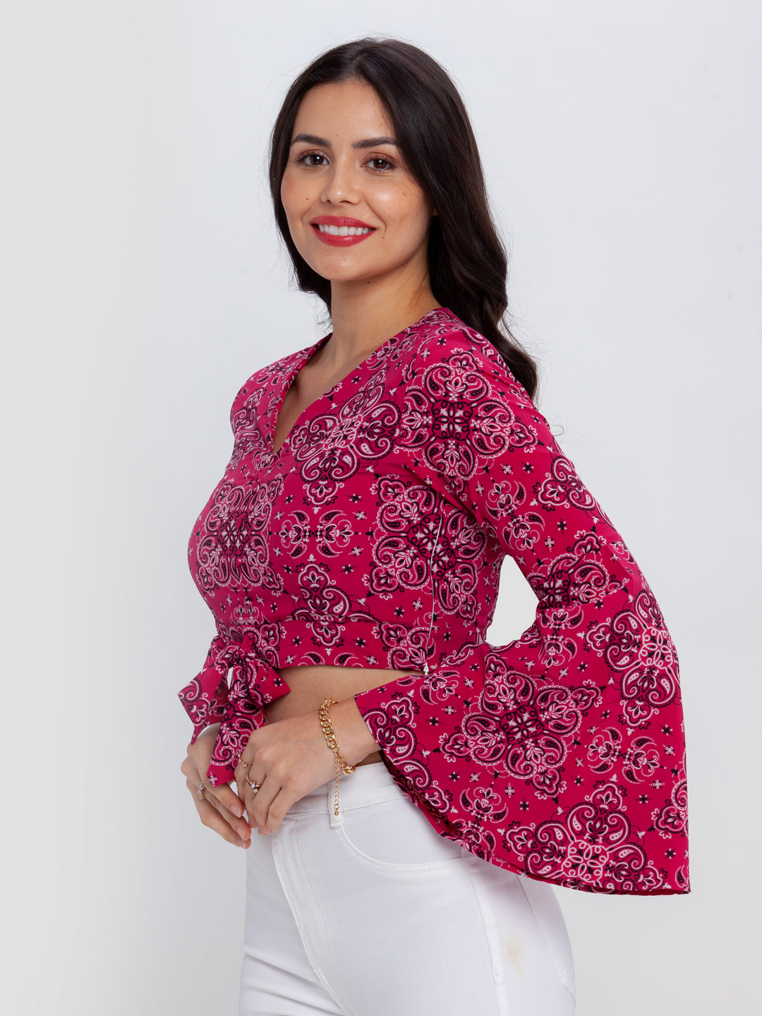 Pink-Bohemian-Printed-Flared-Sleeve-Tie-Up-Top-VT02690-3