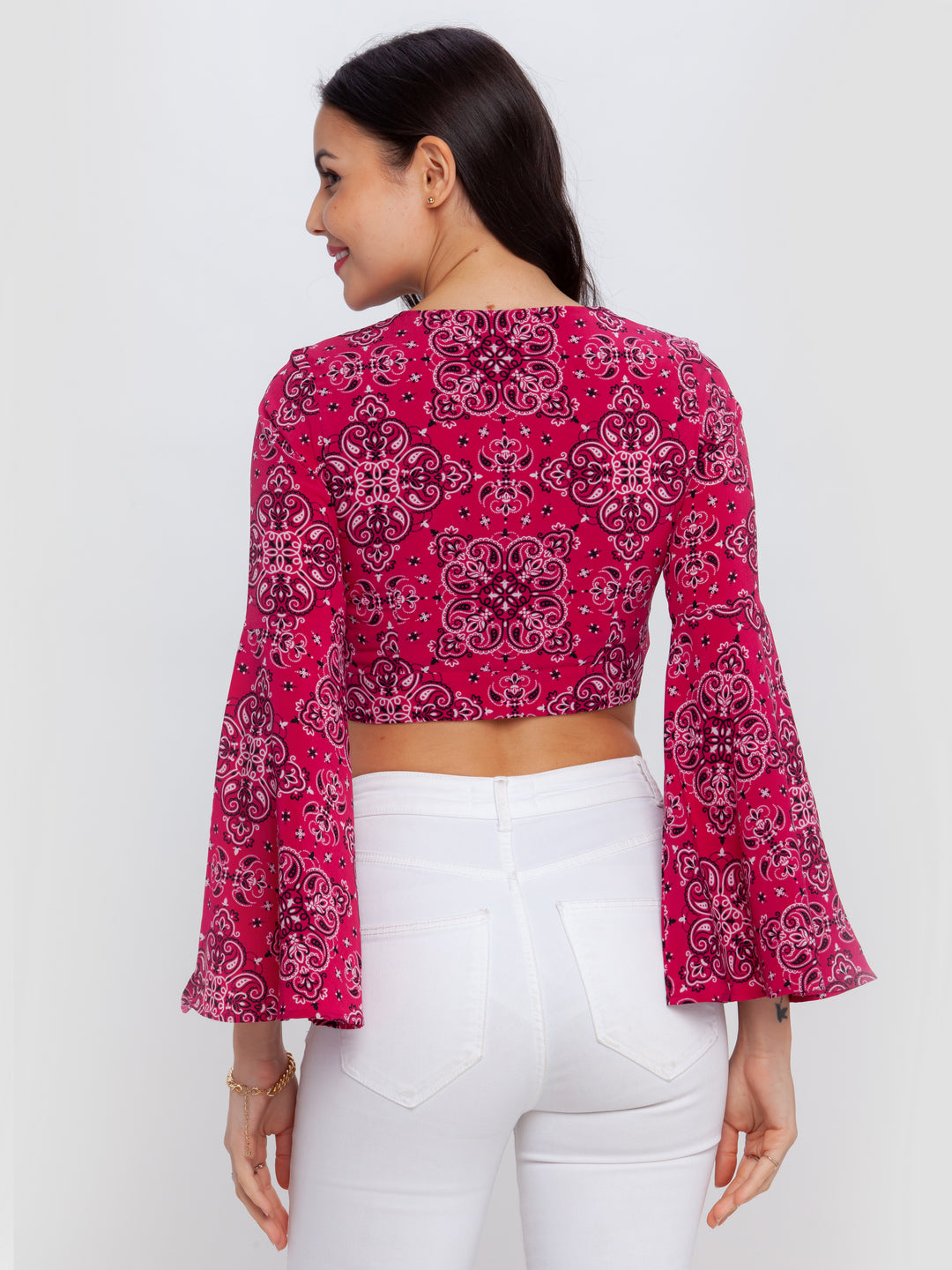 Pink-Bohemian-Printed-Flared-Sleeve-Tie-Up-Top-VT02690-4