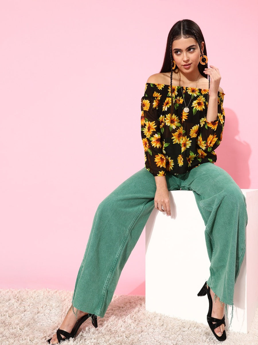 Black Floral Print Top