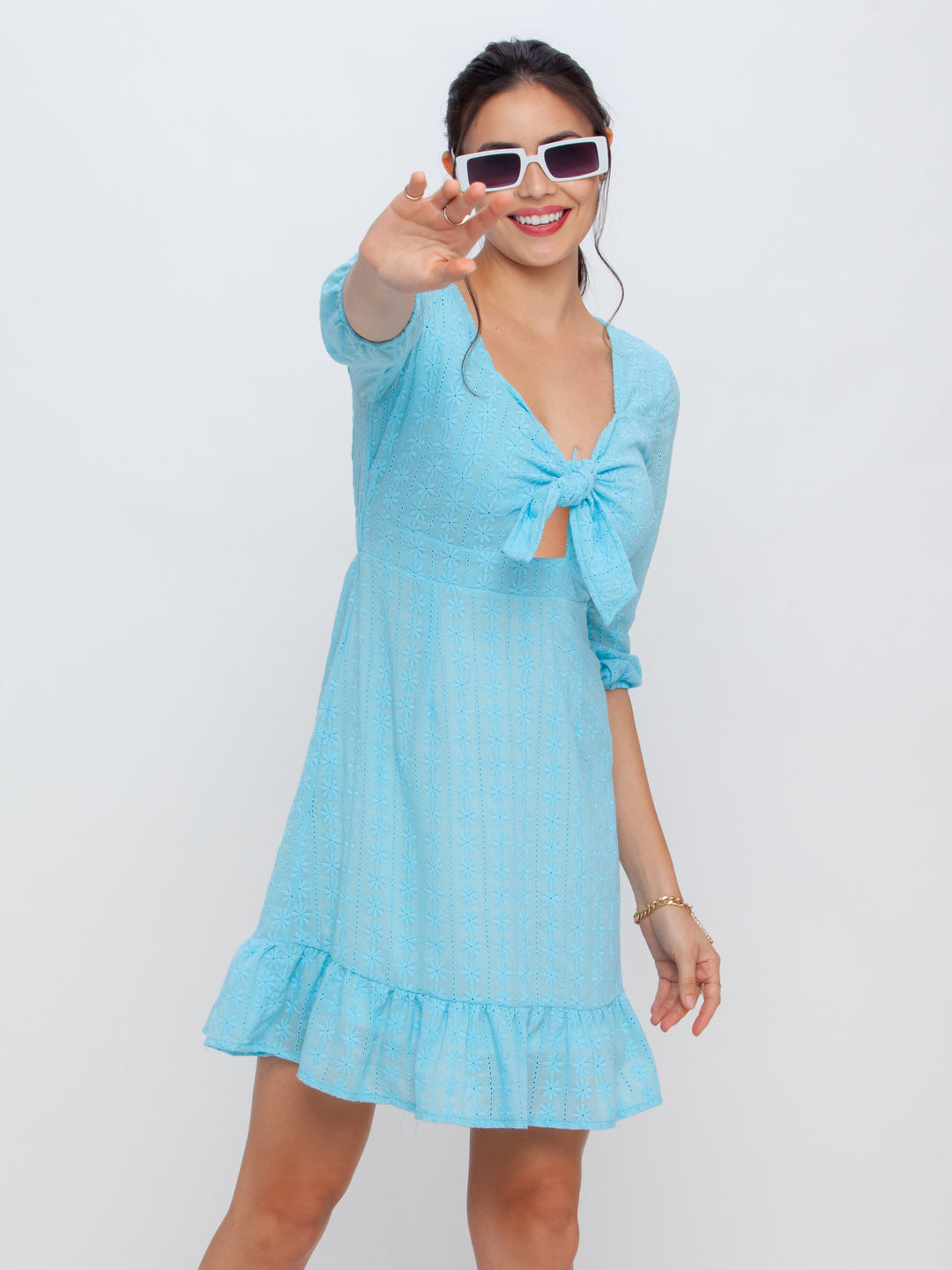 Blue Tie-Up Short Dress