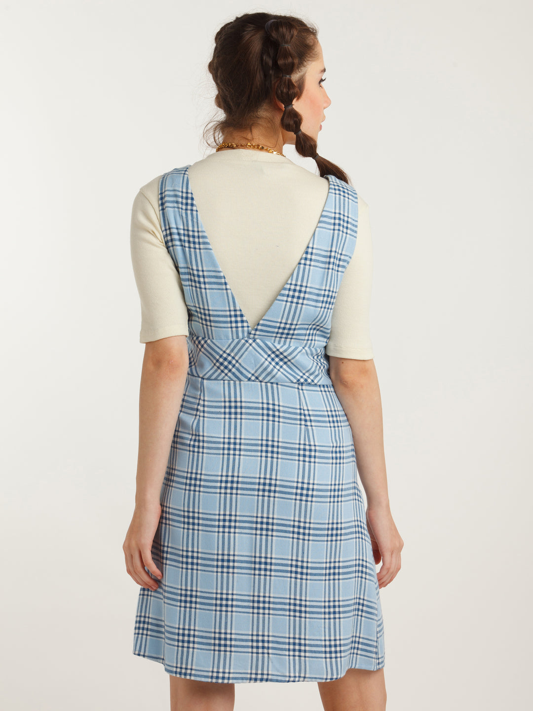 Blue Checked A-Line Short Dress For Women