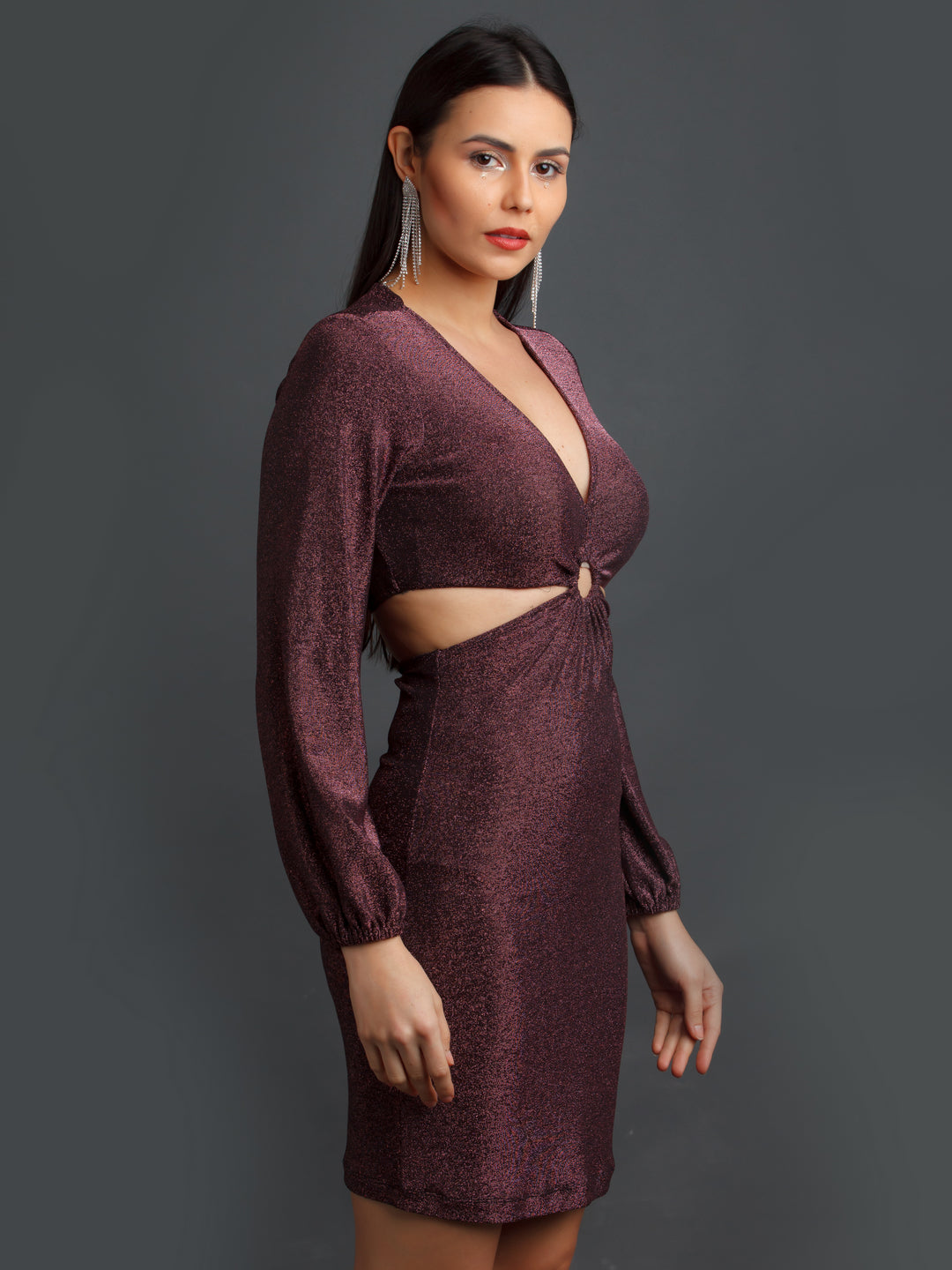 Wine Shimmer Fitted Short Dress