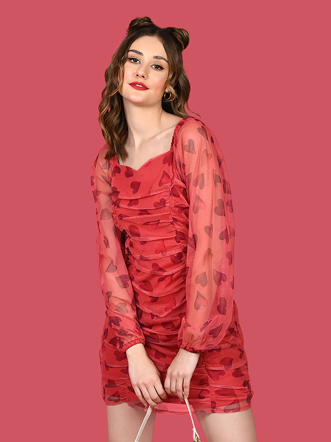 Red Printed Ruched Short Dress