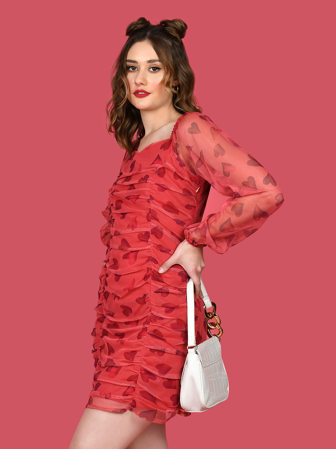 Red Printed Ruched Short Dress