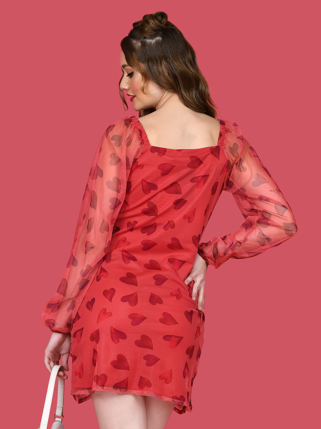 Red Printed Ruched Short Dress