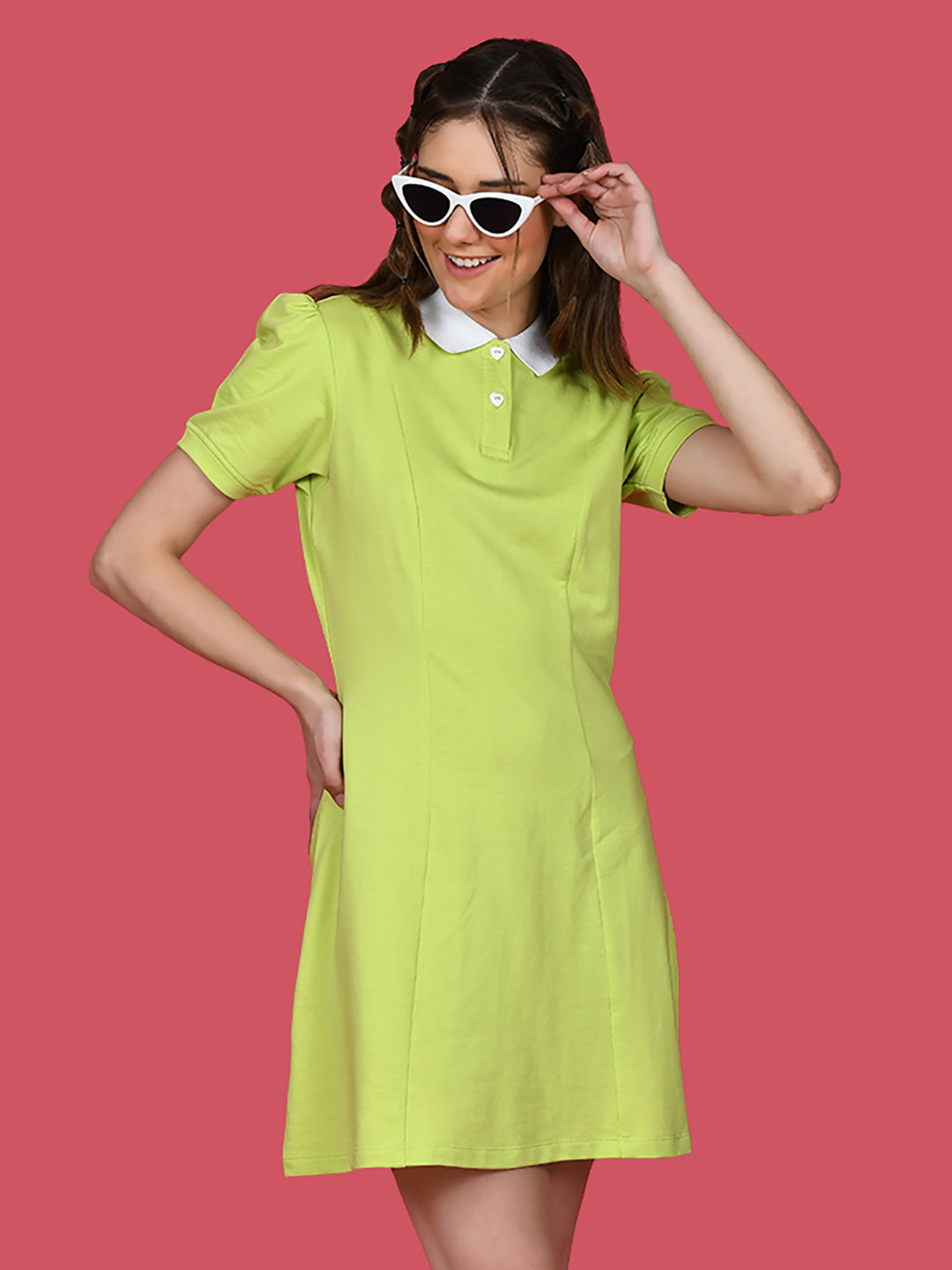 Green Solid Puff Sleeve Short Dress