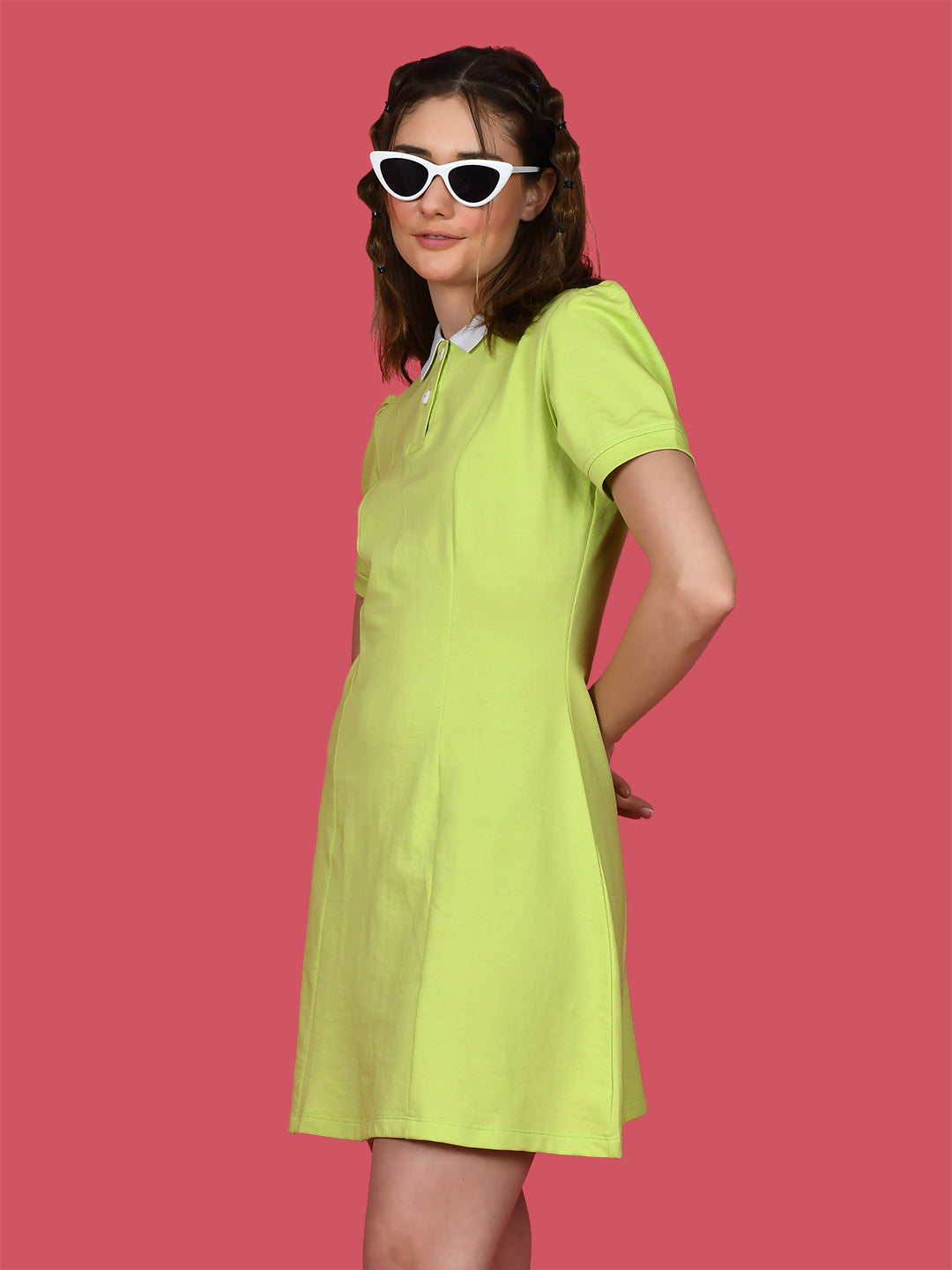 Green Solid Puff Sleeve Short Dress